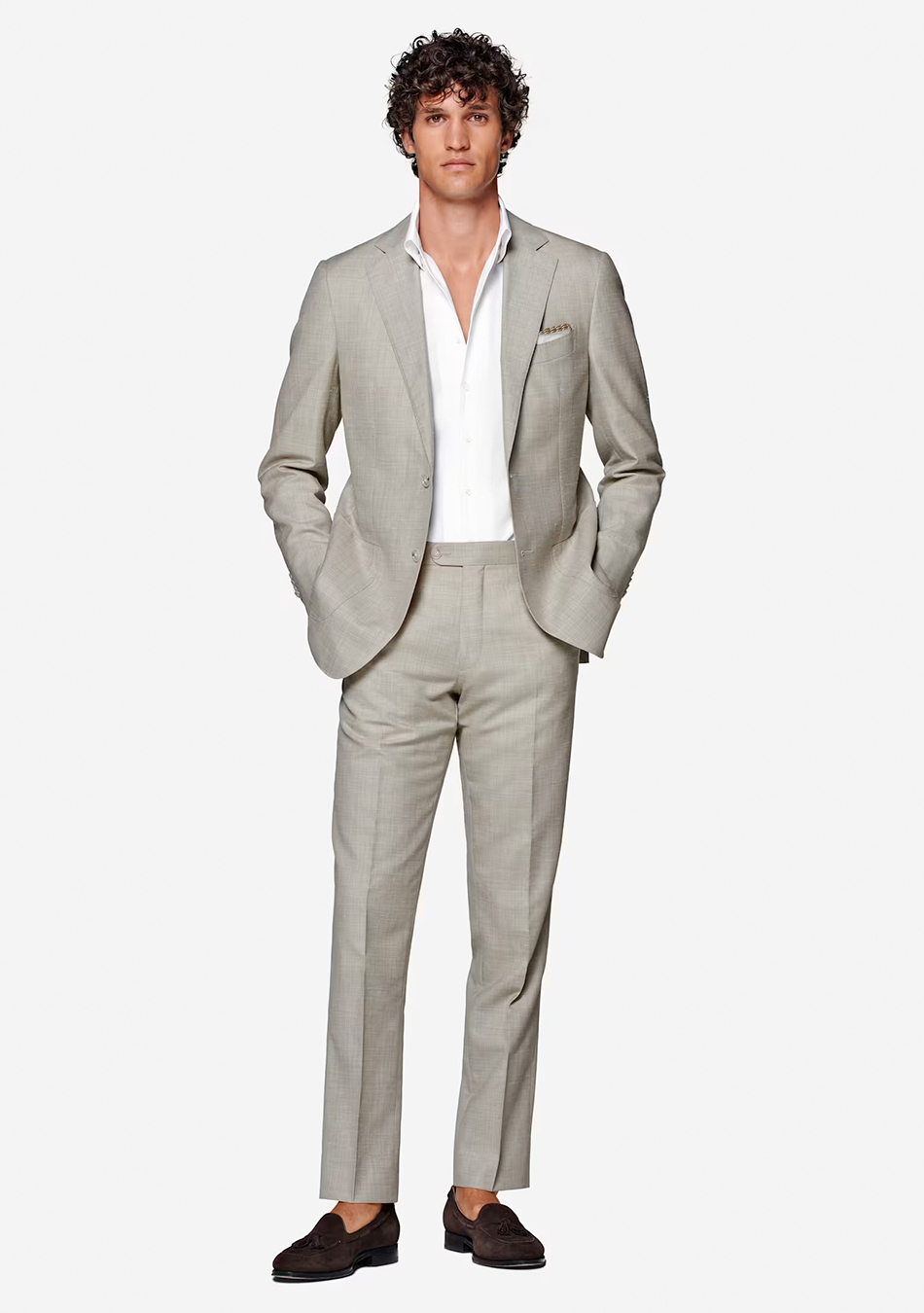 Light grey suit, white dress shirt, and dark brown loafers